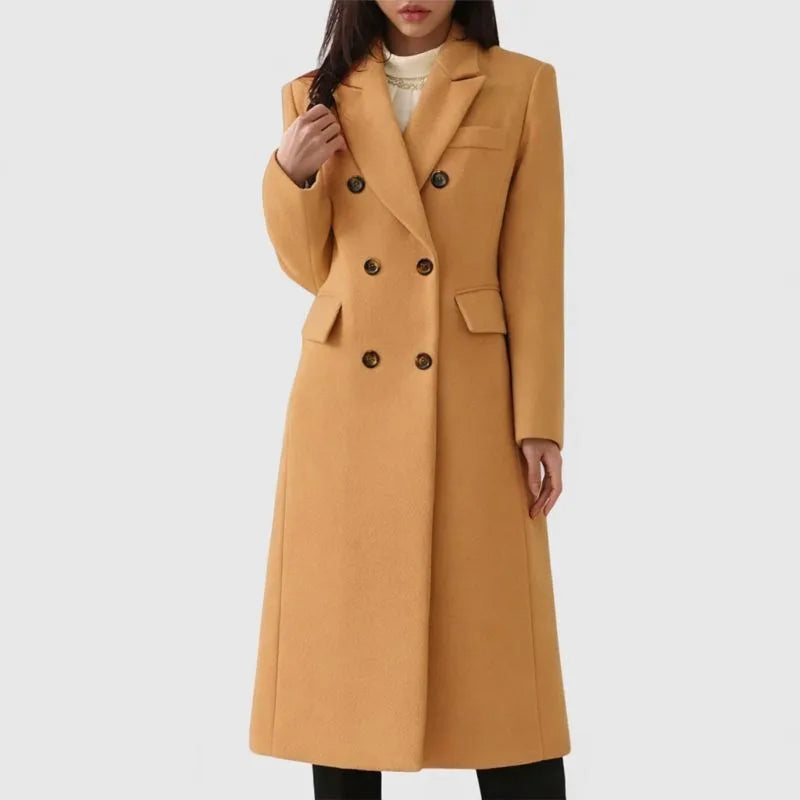 Women's double-breasted notch lapel wool coat with button front