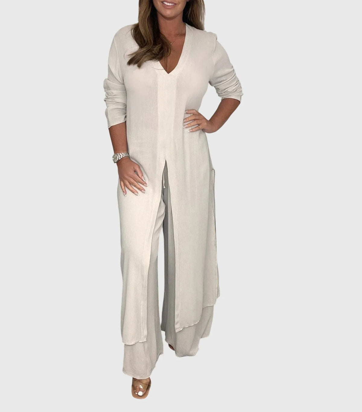 Women's Duster Cardigan Two-Piece Set Wide Leg Pants