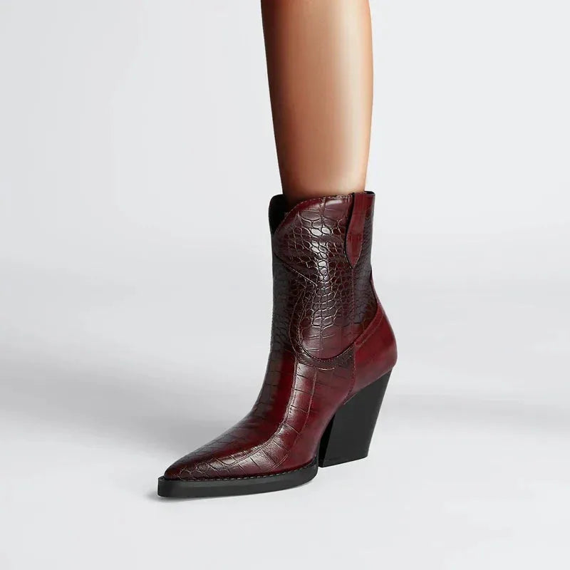 Women's faux leather ankle boots with crocodile embossed