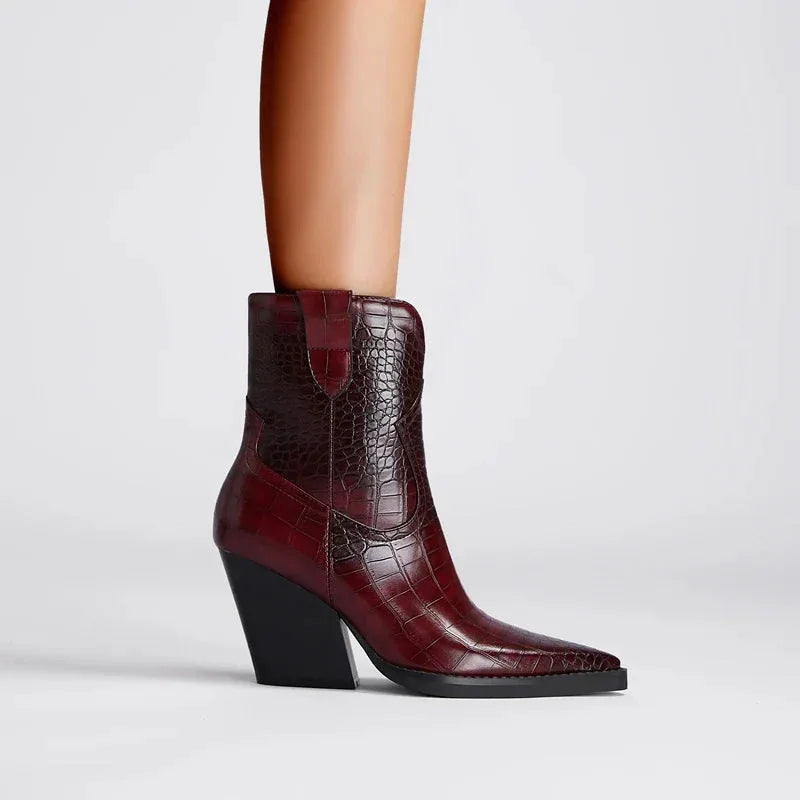 Women's faux leather ankle boots with crocodile embossed