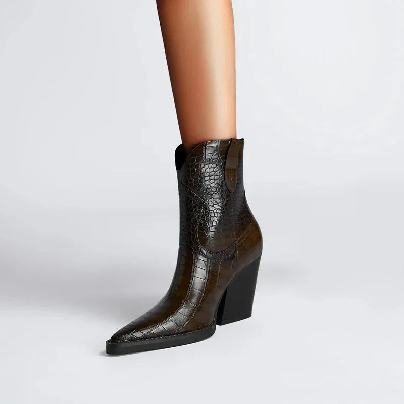 Women's faux leather ankle boots with crocodile embossed
