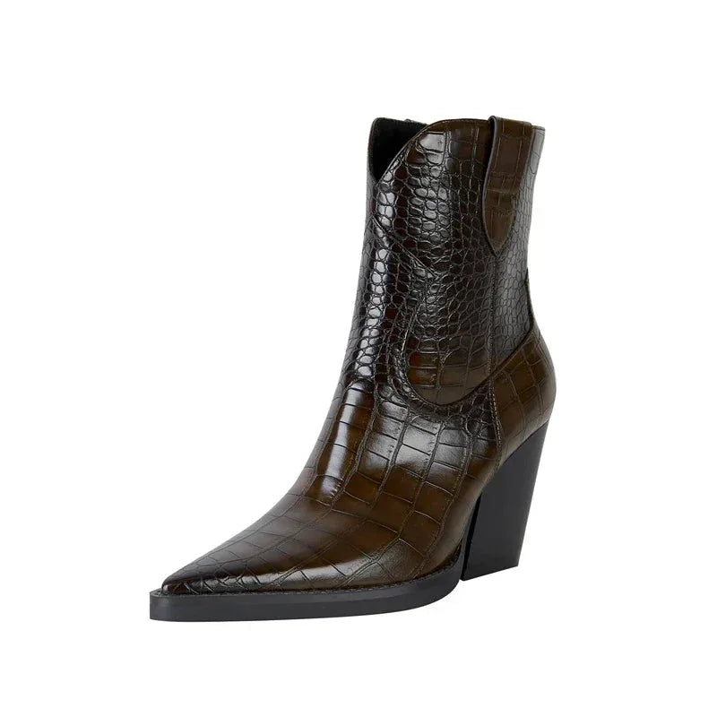 Women's faux leather ankle boots with crocodile embossed