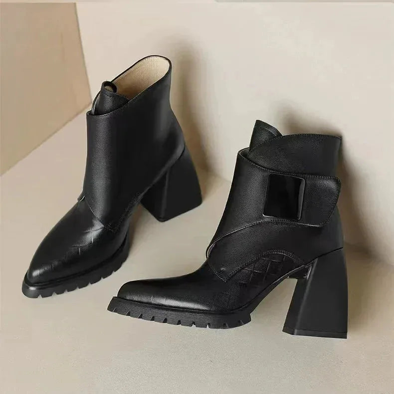 Women's faux leather ankle boots with metallic buckle detail