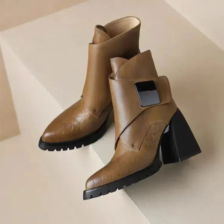 Women's faux leather ankle boots with metallic buckle detail