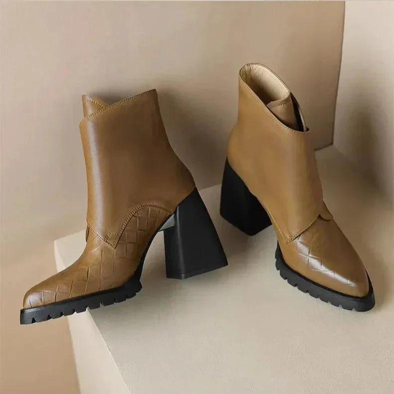 Women's faux leather ankle boots with metallic buckle detail