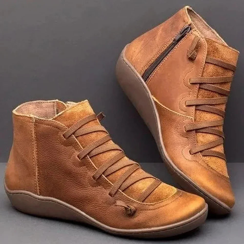 Women's faux leather lace-up ankle boots with side zip and flat wedge sole