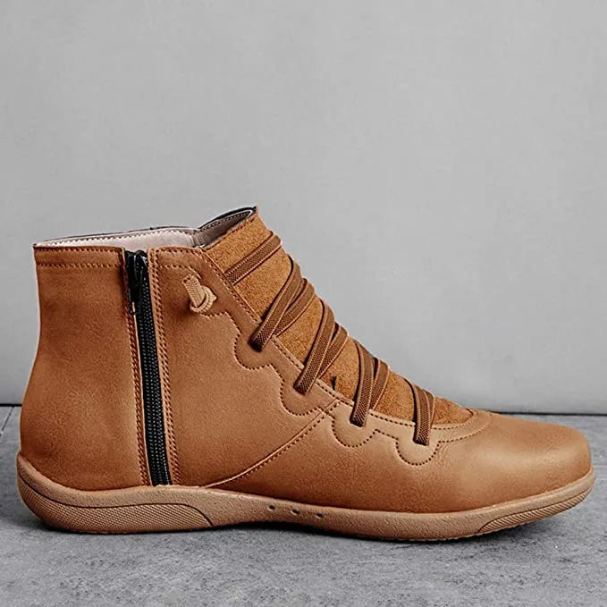 Women's faux leather lace-up ankle boots with side zip and flat wedge sole