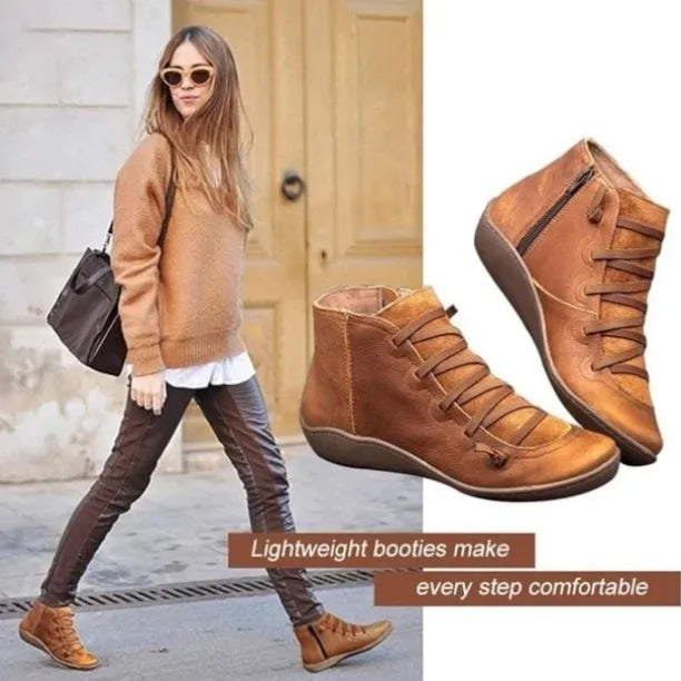 Women's faux leather lace-up ankle boots with side zip and flat wedge sole