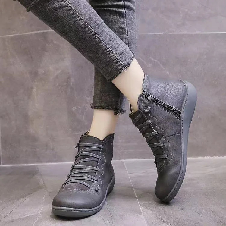 Women's faux leather lace-up ankle boots with side zip and flat wedge sole