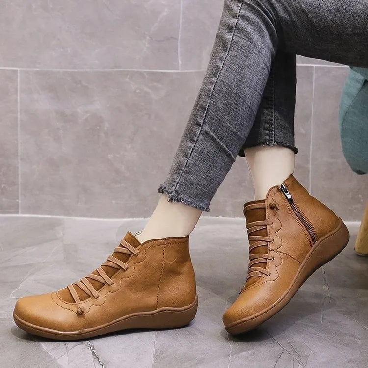 Women's faux leather lace-up ankle boots with side zip and flat wedge sole
