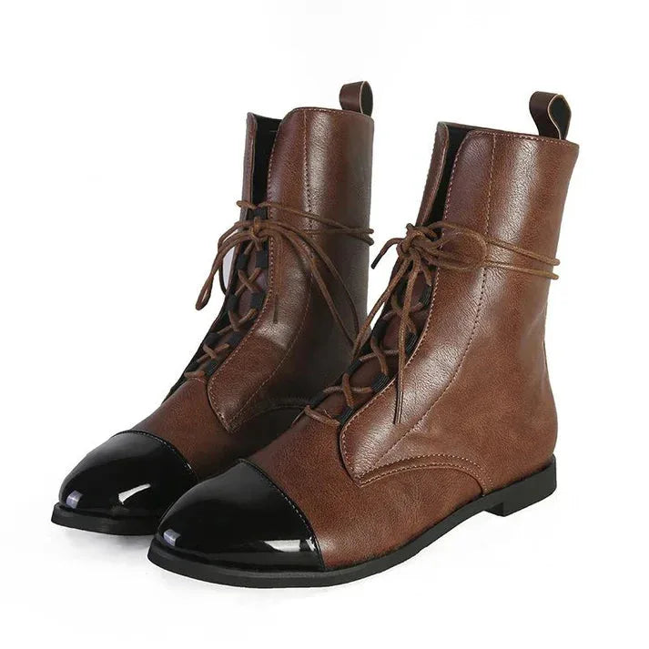 Women's faux leather lace-up ankle boots with two-tone toe cap