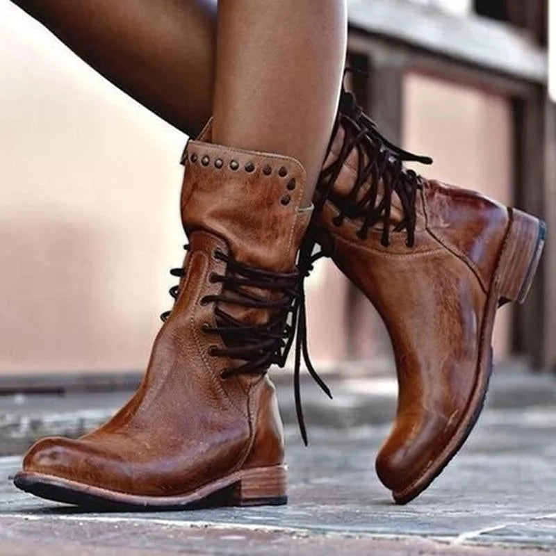 Women's faux leather lace-up ankle combat boots with studded cuff