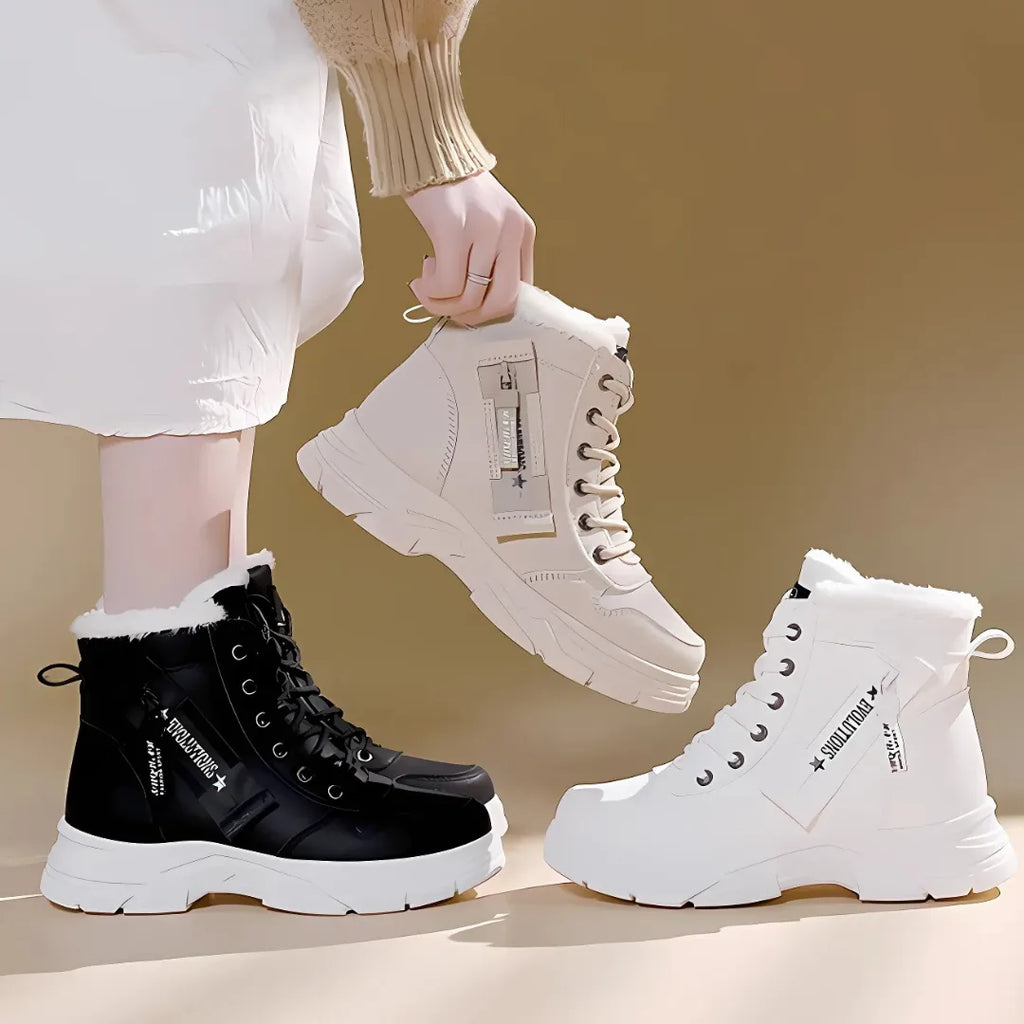 Women's faux leather lace-up combat boots with fur lining