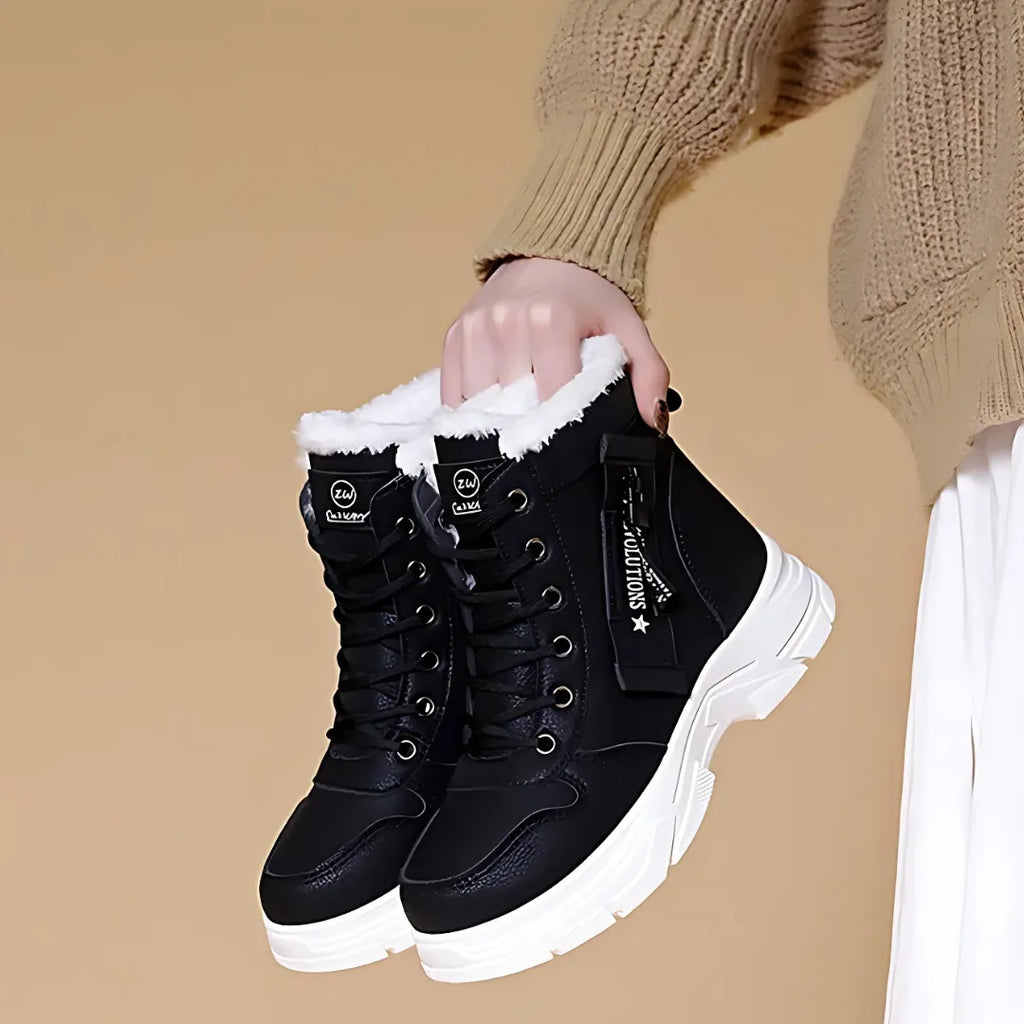Women's faux leather lace-up combat boots with fur lining