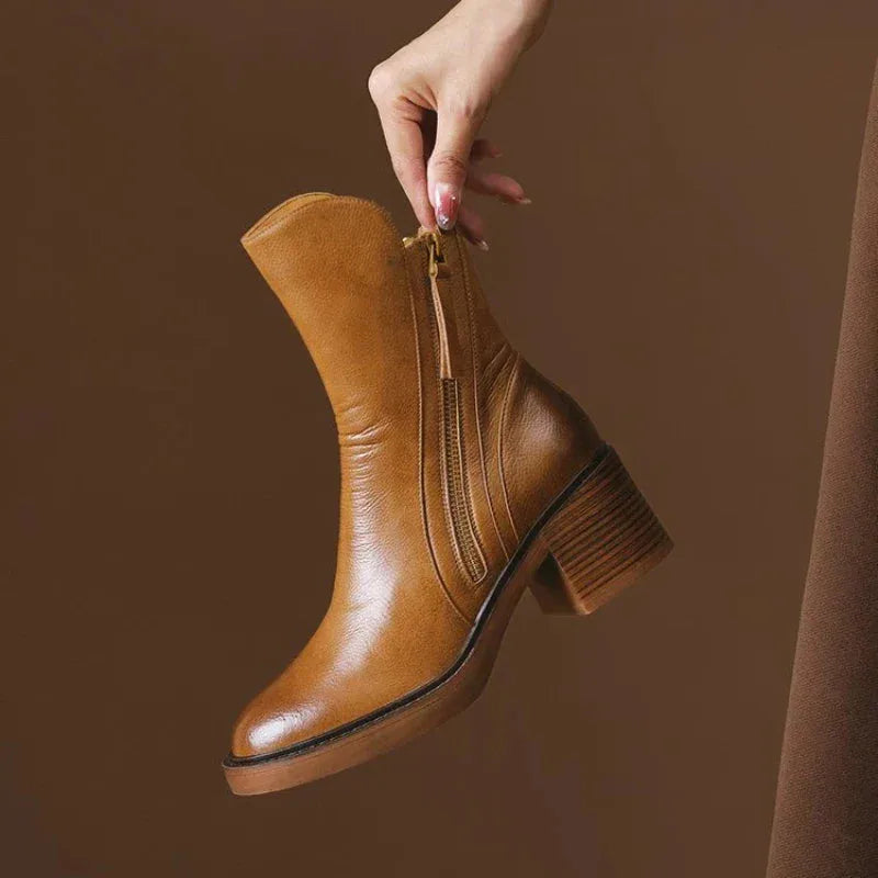 Women's faux leather side zip ankle boots with block heel