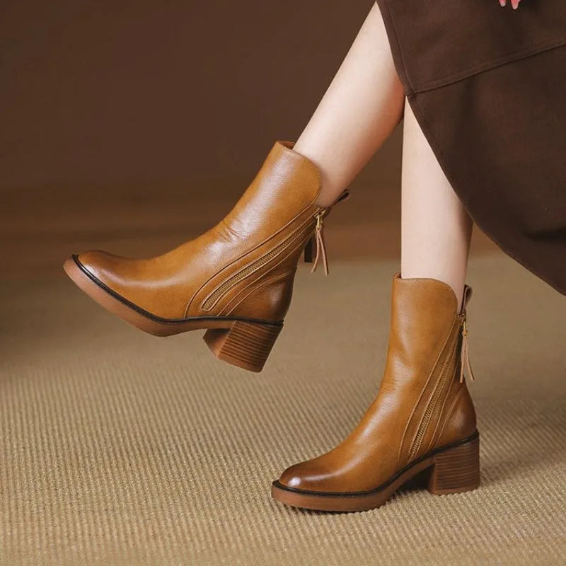 Women's faux leather side zip ankle boots with block heel