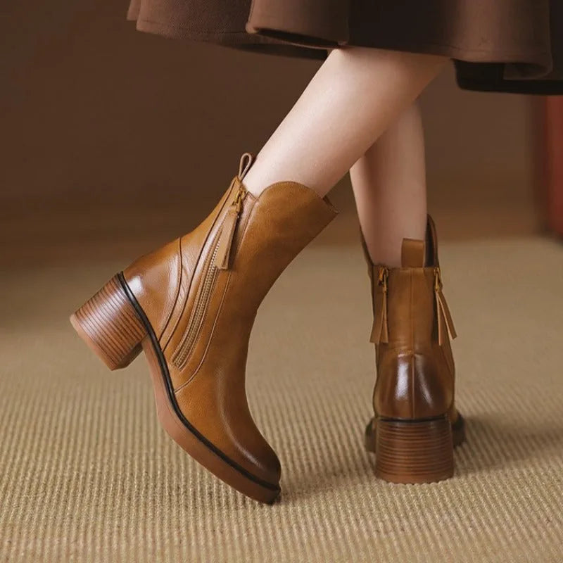 Women's faux leather side zip ankle boots with block heel