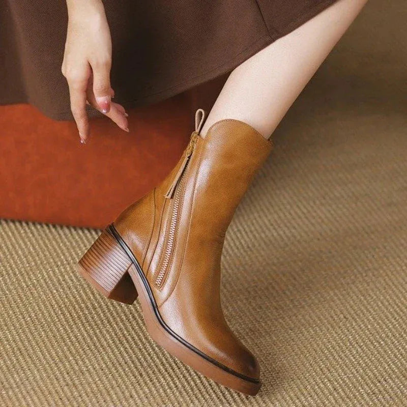 Women's faux leather side zip ankle boots with block heel