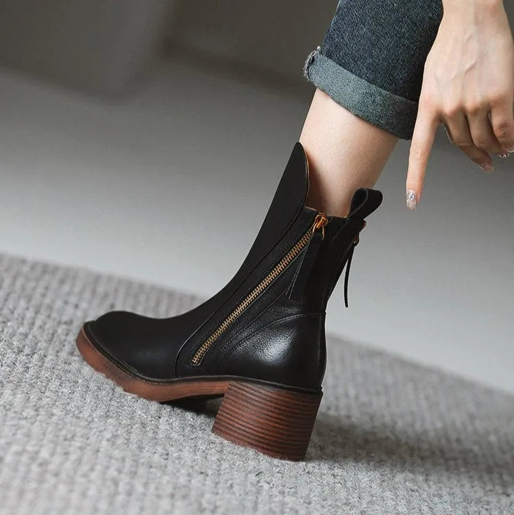 Women's faux leather side zip ankle boots with block heel
