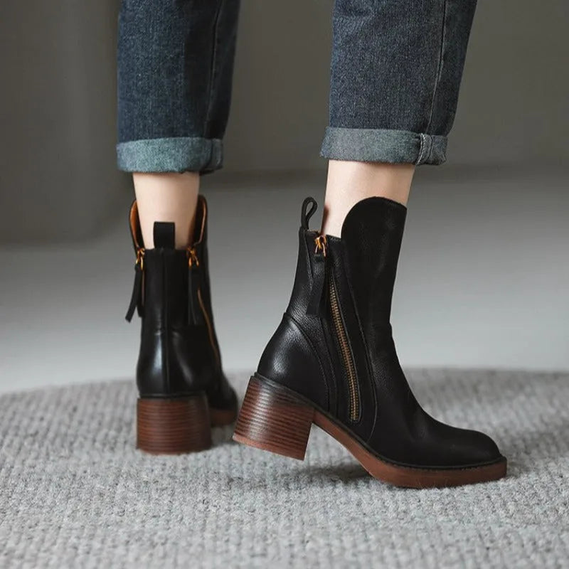 Women's faux leather side zip ankle boots with block heel