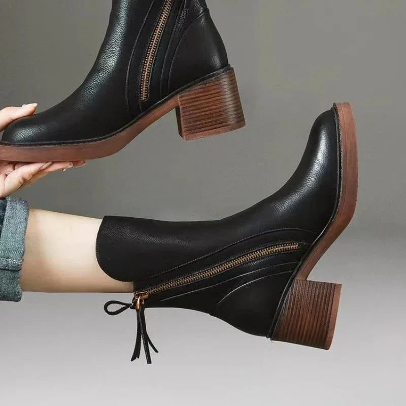 Women's faux leather side zip ankle boots with block heel