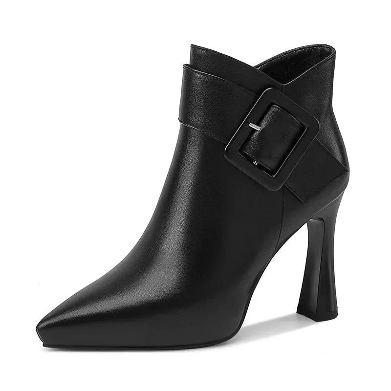 Women's faux leather side zip ankle boots with large buckle