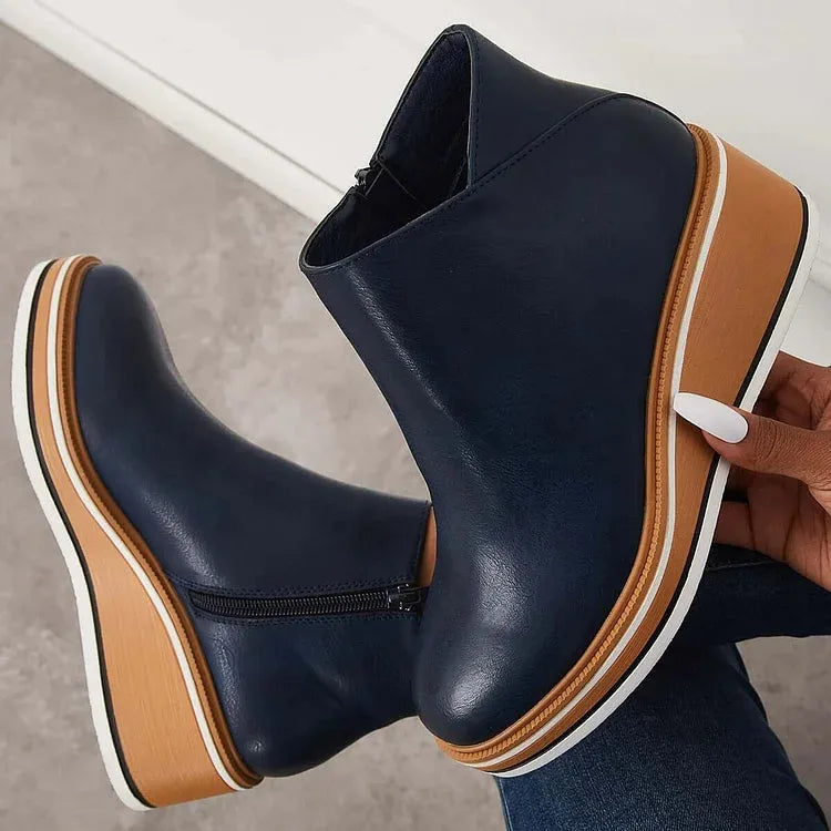 Women's faux leather side zip ankle boots with wedge platform sole