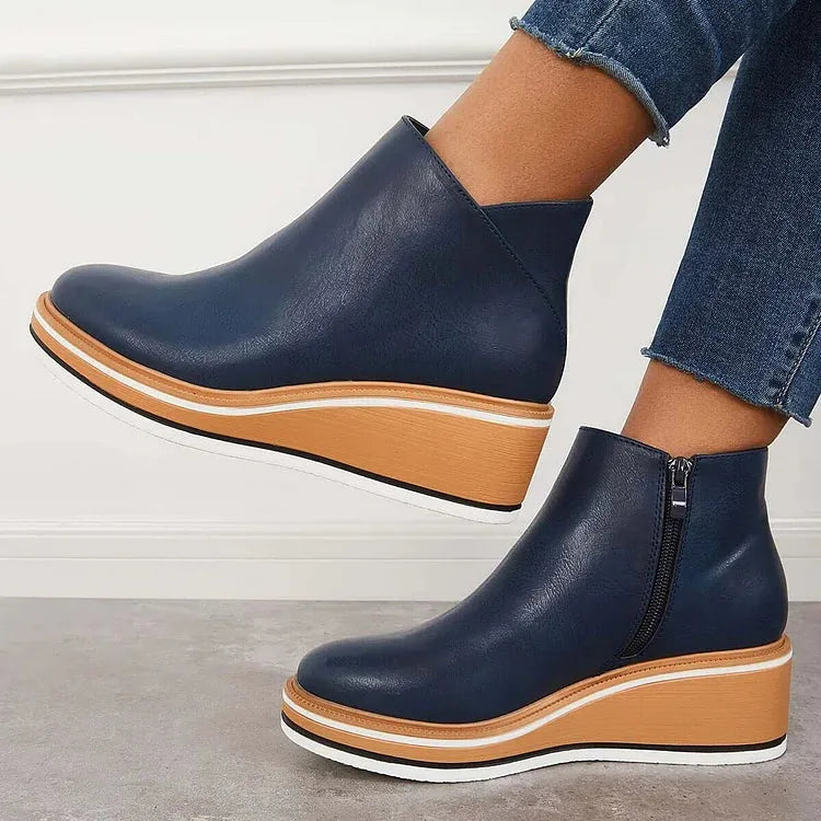 Women's faux leather side zip ankle boots with wedge platform sole