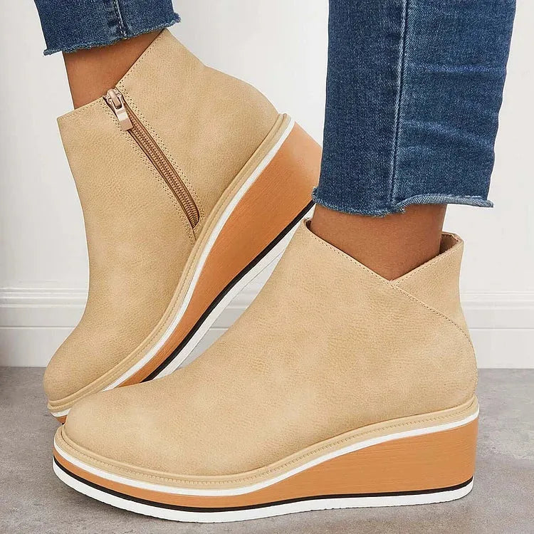 Women's faux leather side zip ankle boots with wedge platform sole