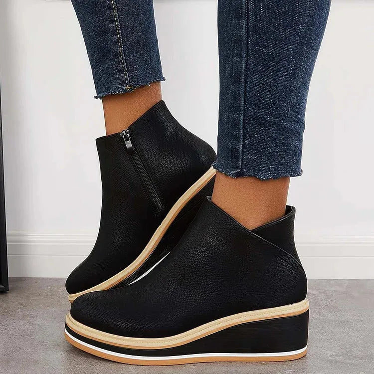 Women's faux leather side zip ankle boots with wedge platform sole
