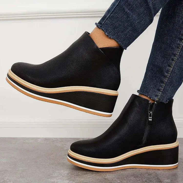 Women's faux leather side zip ankle boots with wedge platform sole