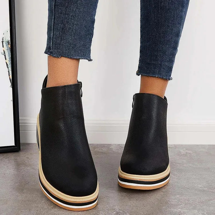 Women's faux leather side zip ankle boots with wedge platform sole