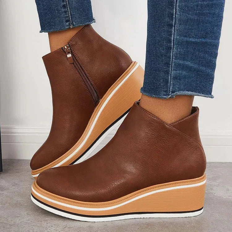 Women's faux leather side zip ankle boots with wedge platform sole