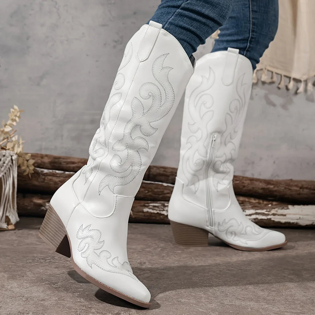Women's faux leather side zip knee high boots with block heel
