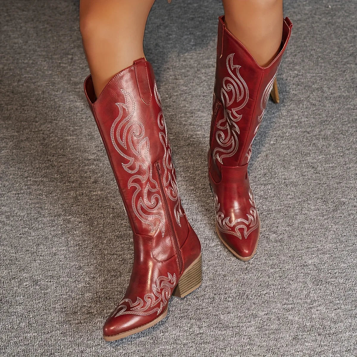 Women's faux leather side zip knee high boots with block heel