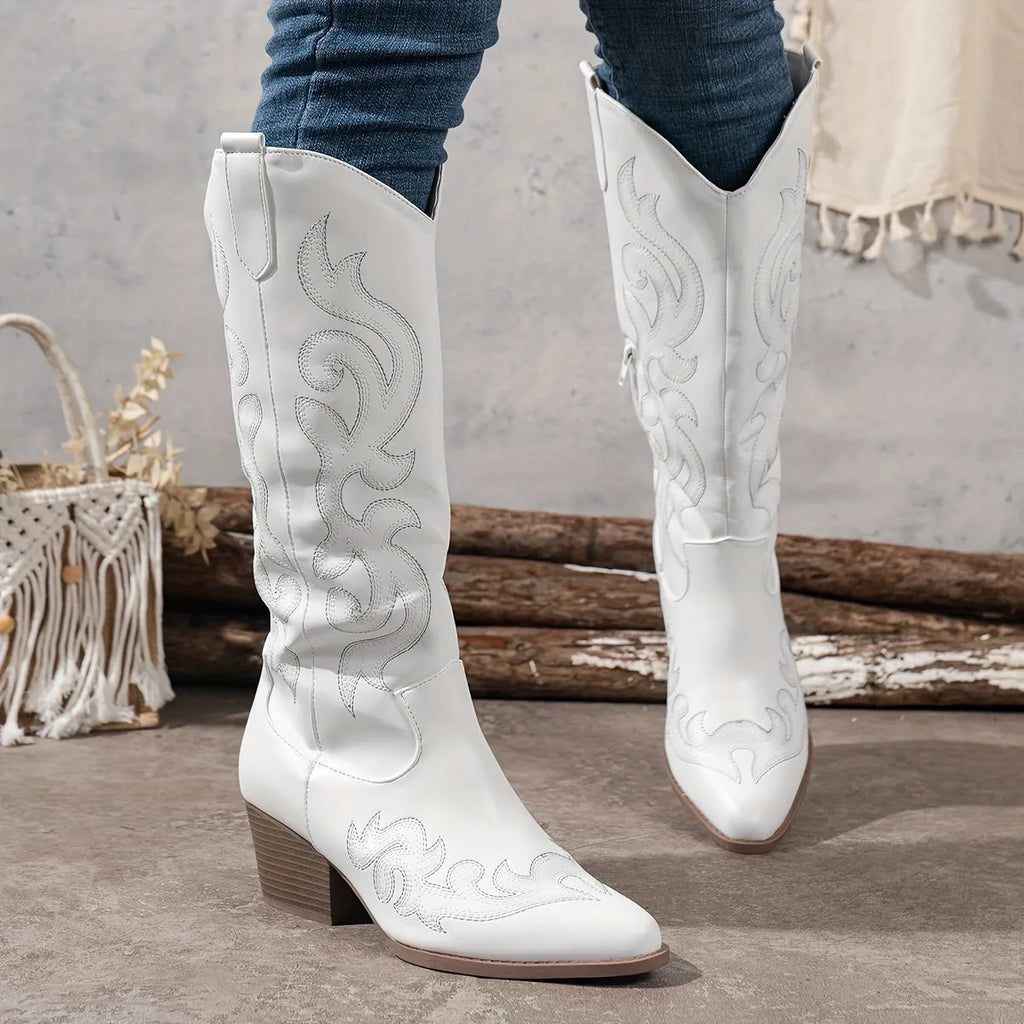 Women's faux leather side zip knee high boots with block heel