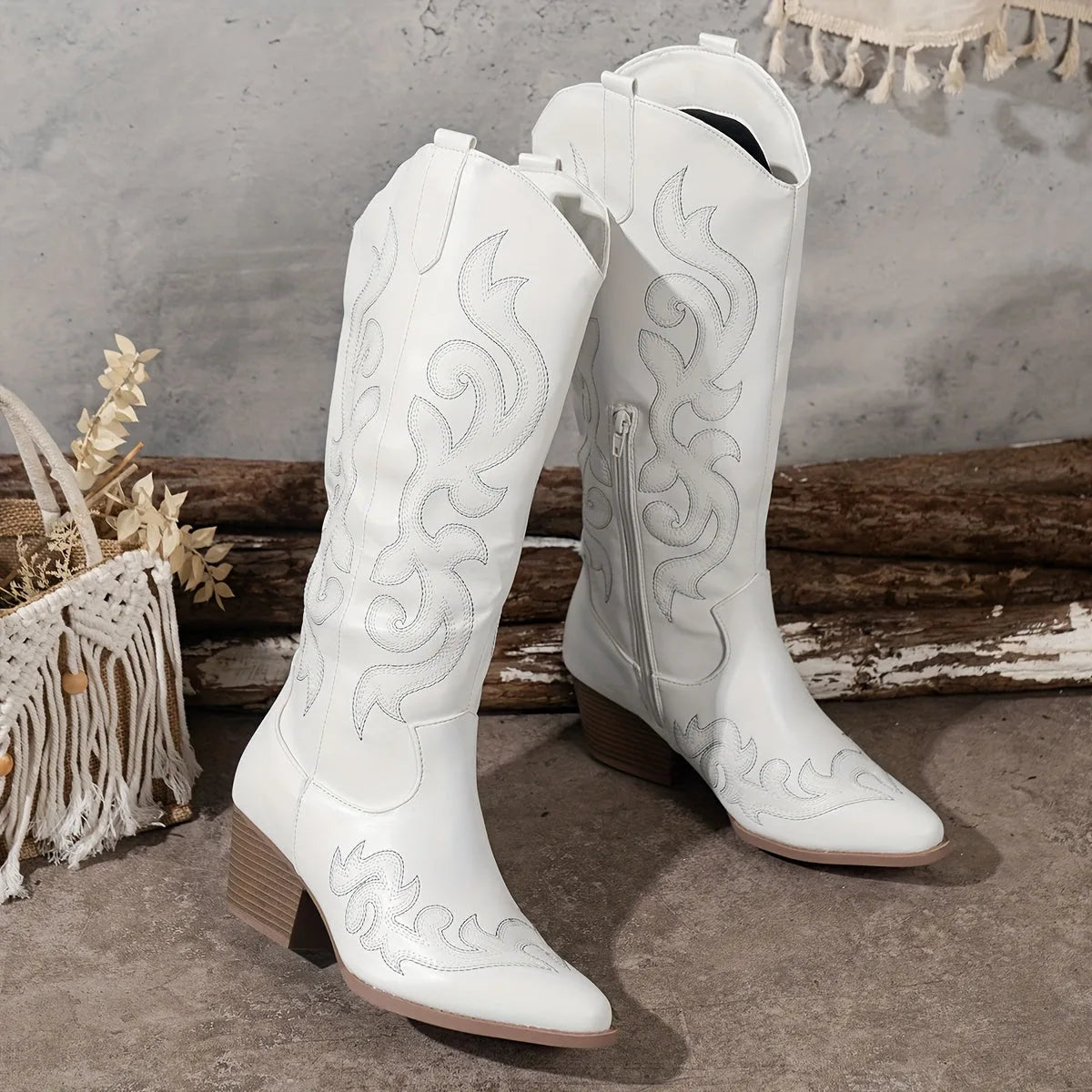 Women's faux leather side zip knee high boots with block heel