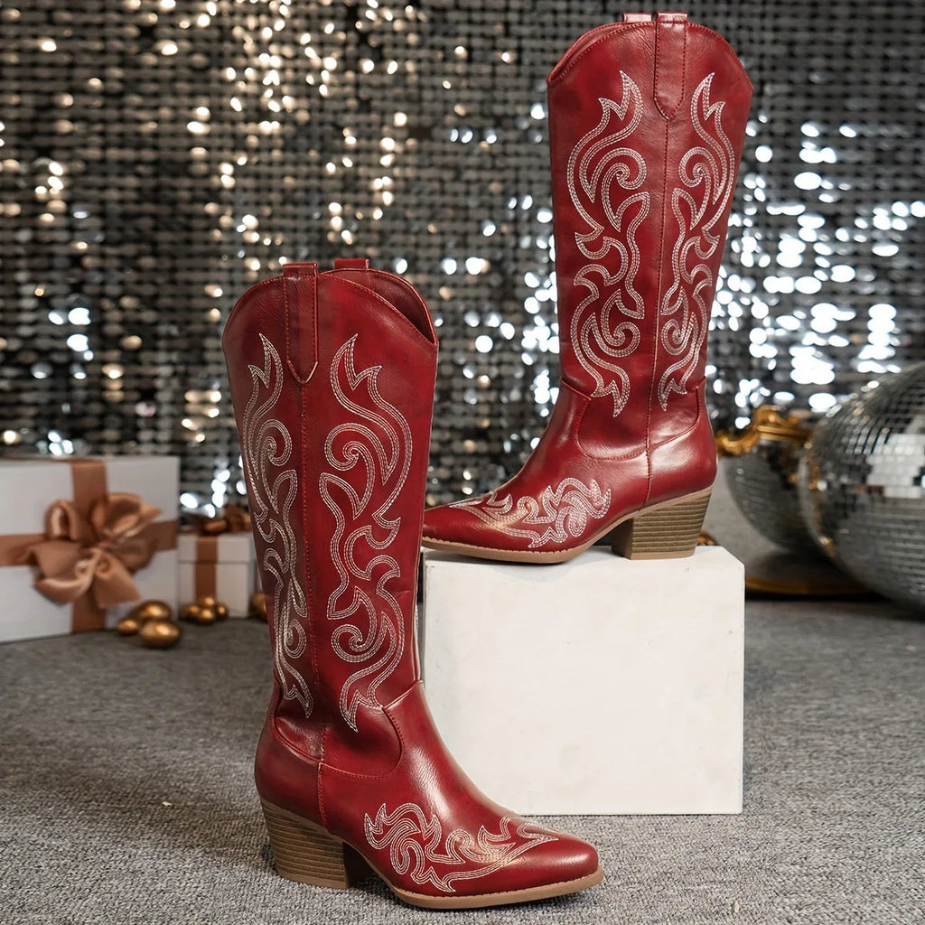 Women's faux leather side zip knee high boots with block heel