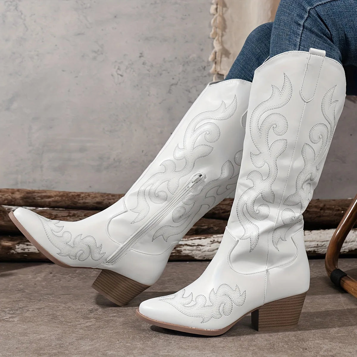 Women's faux leather side zip knee high boots with block heel