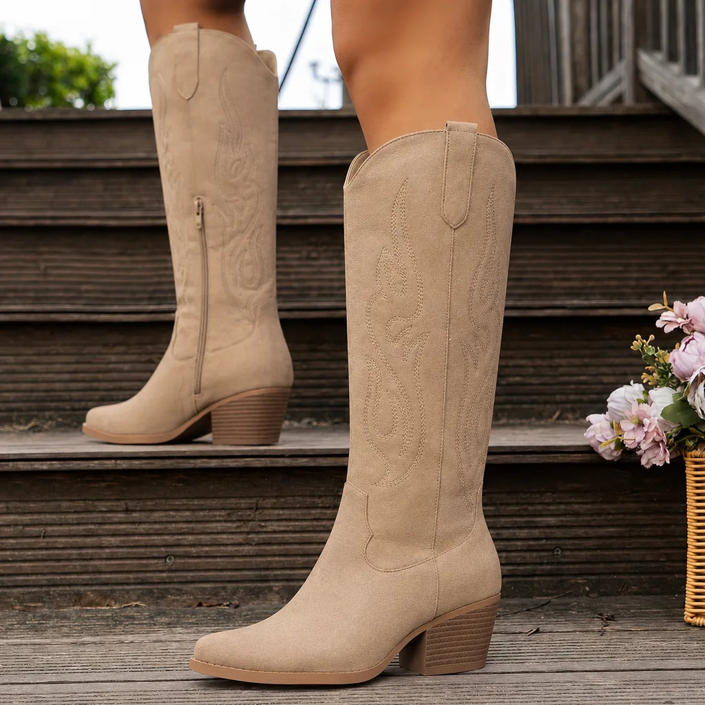 Women's faux leather side zip knee high boots with block heel