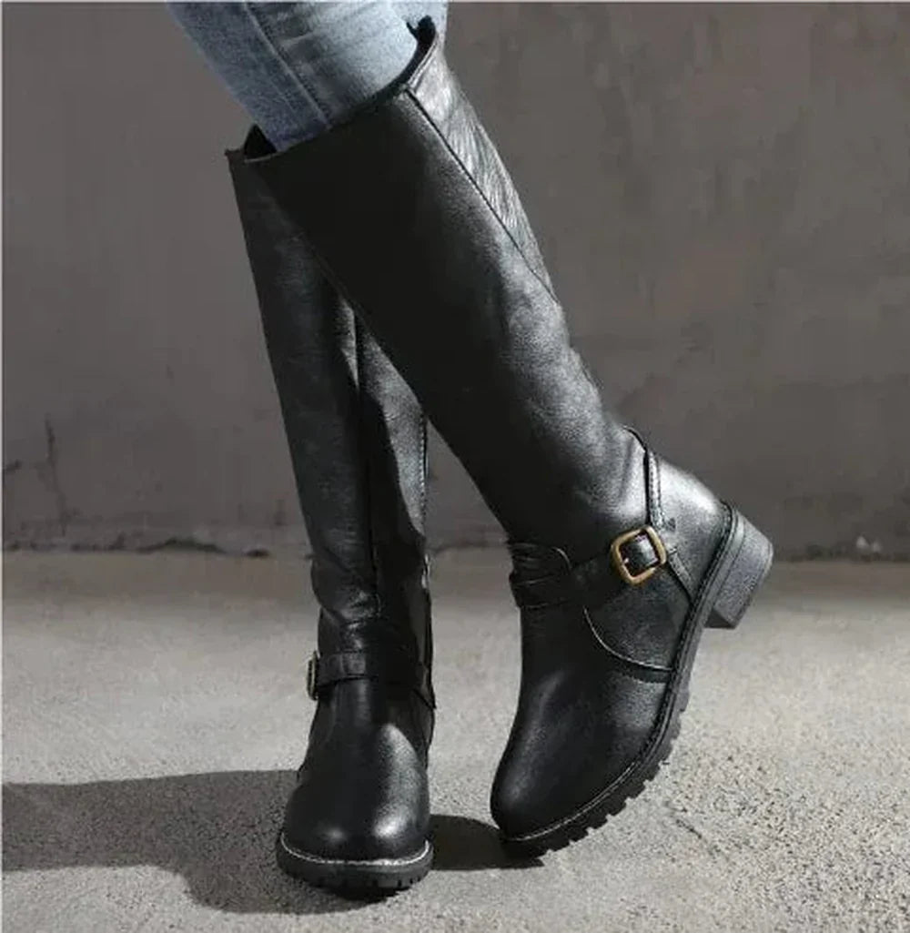 Women's faux leather side zip knee high boots with buckle strap and block heel