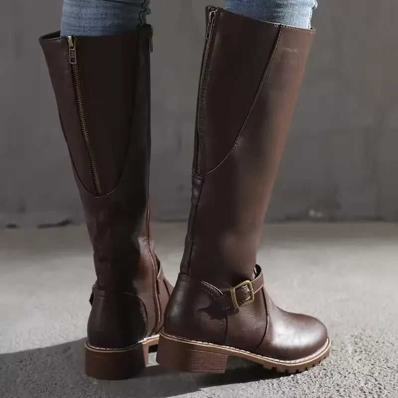 Women's faux leather side zip knee high boots with buckle strap and block heel