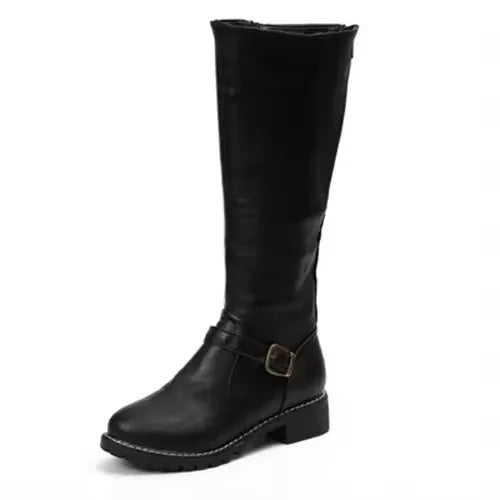 Women's faux leather side zip knee high boots with buckle strap and block heel
