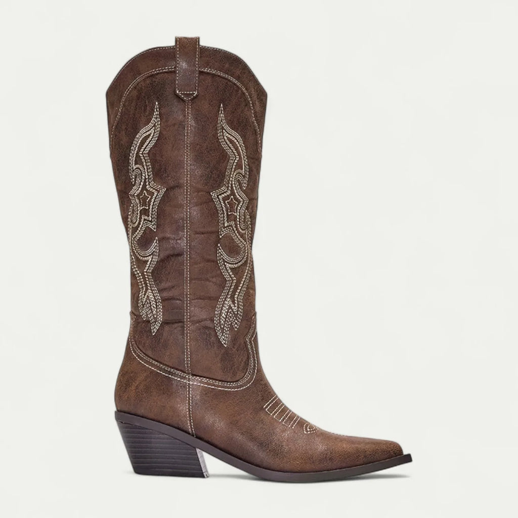 Women's faux leather side zip knee high boots with embroidered shaft