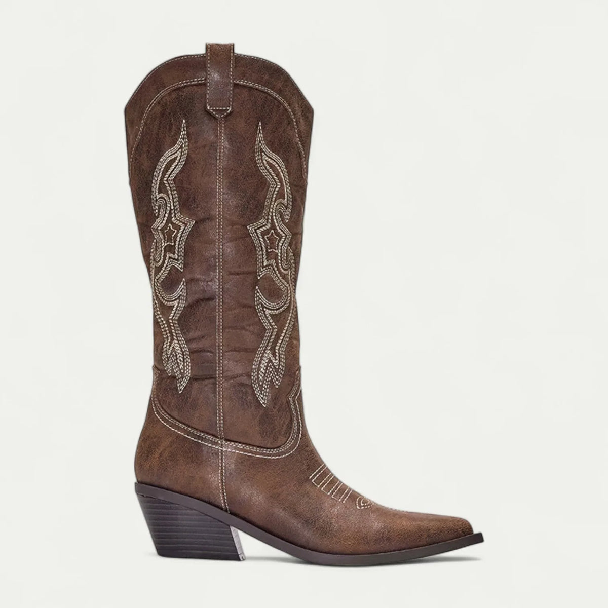 Women's faux leather side zip knee high boots with embroidered shaft