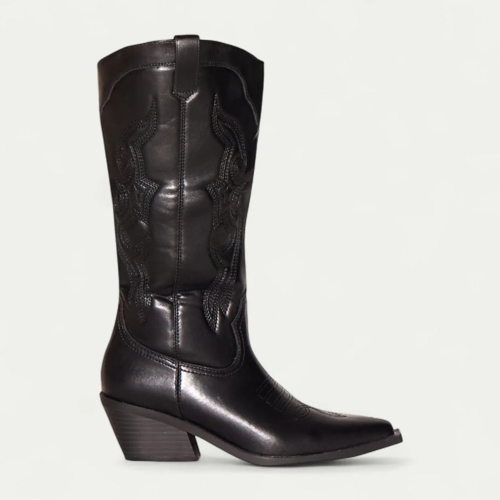 Women's faux leather side zip knee high boots with embroidered shaft