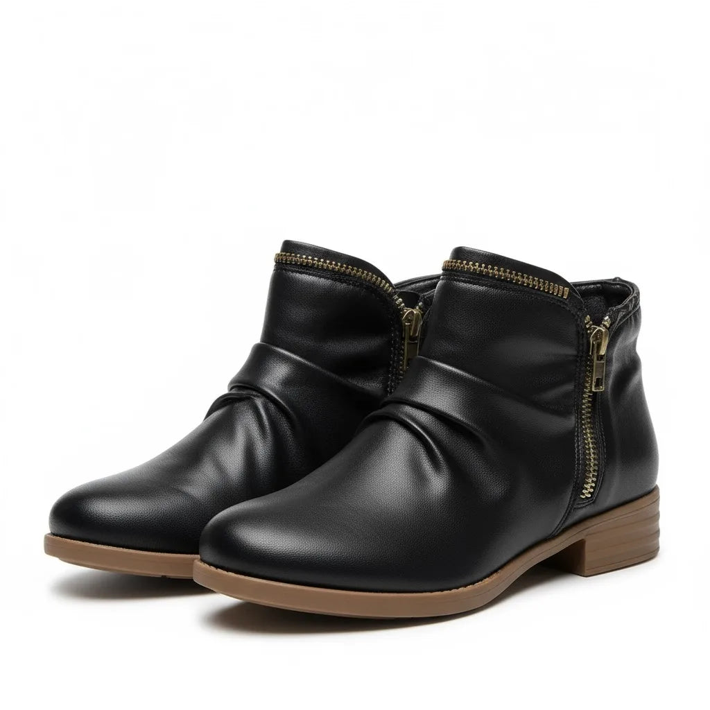 Women's faux leather side zip orthopedic ankle boots with ruched shaft