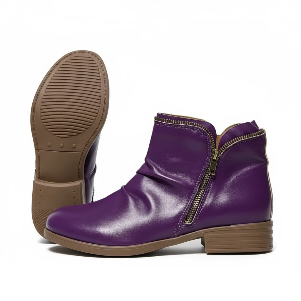 Women's faux leather side zip orthopedic ankle boots with ruched shaft