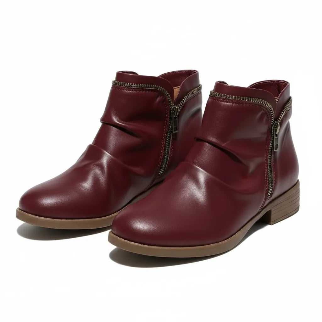 Women's faux leather side zip orthopedic ankle boots with ruched shaft