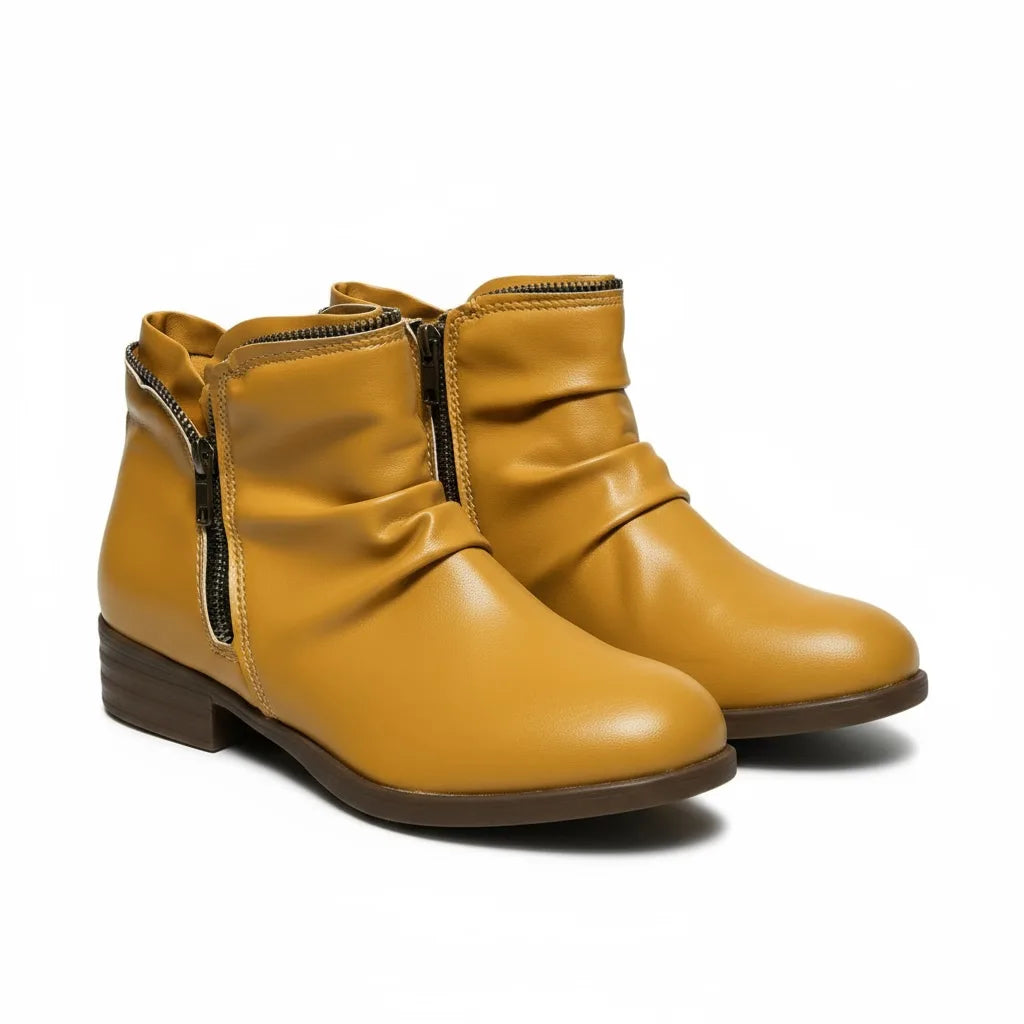 Women's faux leather side zip orthopedic ankle boots with ruched shaft